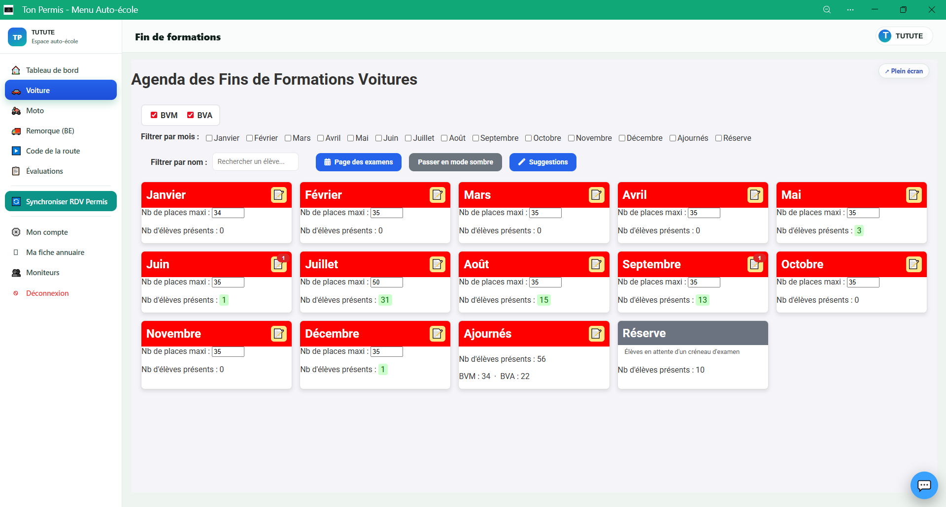Agenda des fins de formation Ton-Permis.fr